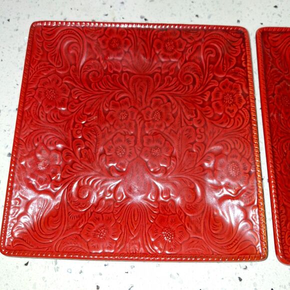 Rare HiEnd Accents Savanna Tooled Leather Look Salad Plates Stoneware  Set of 2 - Picture 3 of 9